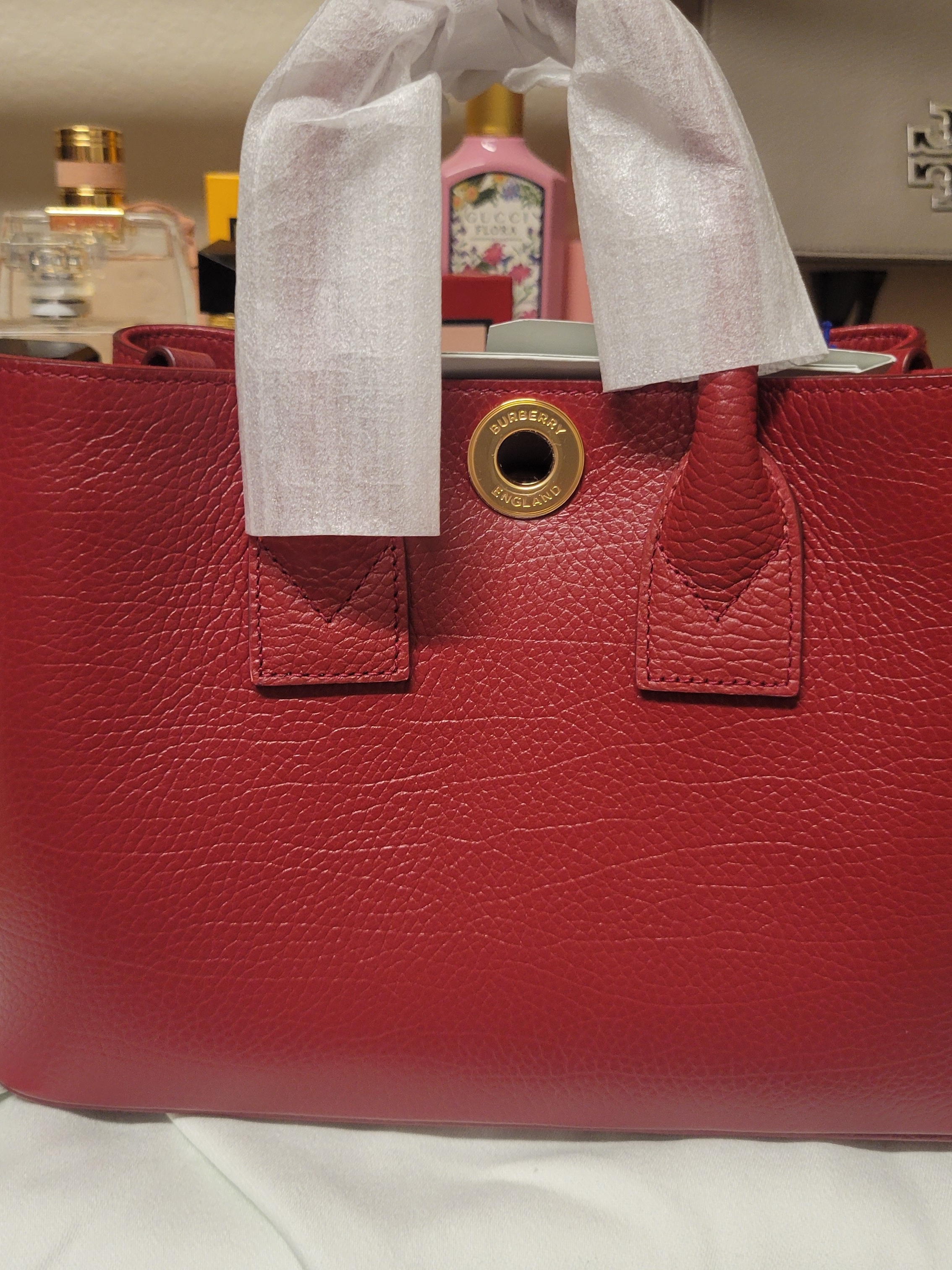 Burberry Red Pebbled Leather Satchel With Gold-Tone Eyelet